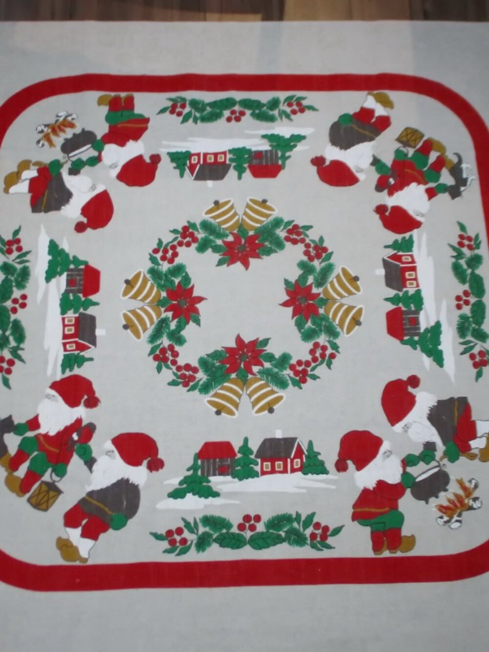 Vtg Christmas Tablecloth Elves Bells Poinsettias Linen, 23.5 in. Square - Picture 3 of 8